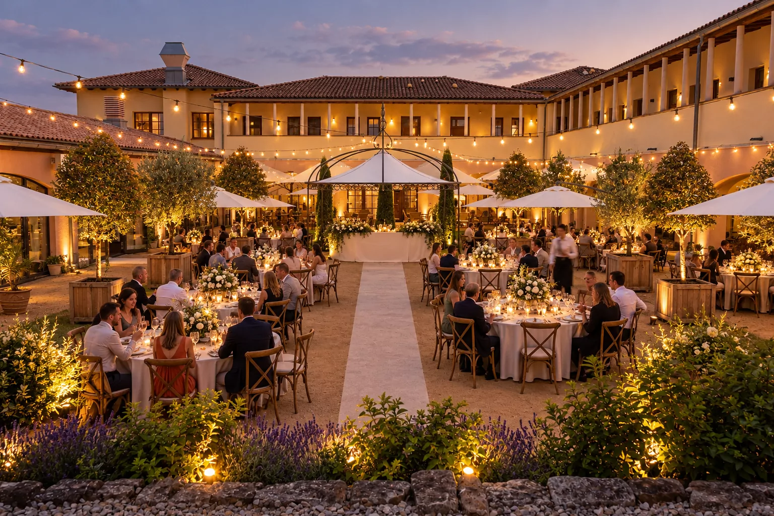 Hochzeitsdinner unter freiem Himmel im mediterranen Innenhof von Green Events