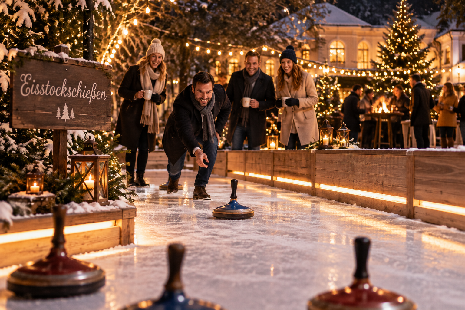Eisstockschießen bei einer Weihnachtsfeier in der Garden Villa